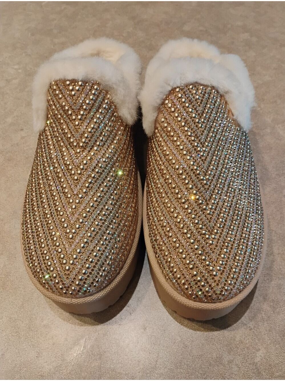 Platform Chevron Embellished Gold Slip-On And Plush-Lined Shoes/Slippers - Picture 4 of 5